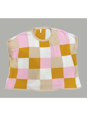 Wishlist Checkered Knit Sleeveless Sweater Vest Pink Yellow Beige Womens Top